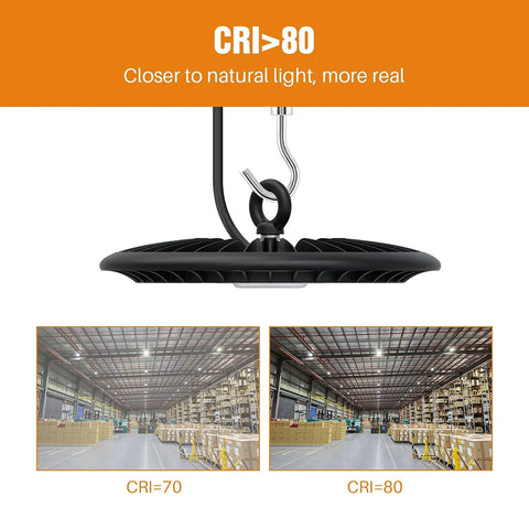 Close-up of 2 Pack 100W LED High Bay Lights for garage, shop and warehouse, showcasing CRI>80 for natural light, 5000K daylight.