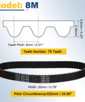 Diagram and photo of Beefy 8M Timing Belt With 632mm Circumference And 20mm Width, 79 Teeth, Black Rubber Synchronous Belt For Industrial Machines And DIY Projects, Durable 8mm Pitch Belt. Features dimensions and profile.