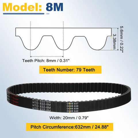 Diagram and photo of Beefy 8M Timing Belt With 632mm Circumference And 20mm Width, 79 Teeth, Black Rubber Synchronous Belt For Industrial Machines And DIY Projects, Durable 8mm Pitch Belt. Features dimensions and profile.