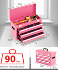 Pink 3 Drawer Metal Tool Box With EVC Liners And Latch Closure, open with tools displayed, 15.8 W x 11 H Inches, 90 lb load capacity