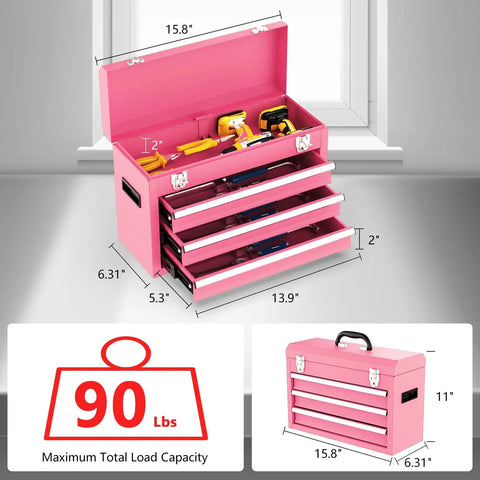 Pink 3 Drawer Metal Tool Box With EVC Liners And Latch Closure, open with tools displayed, 15.8 W x 11 H Inches, 90 lb load capacity
