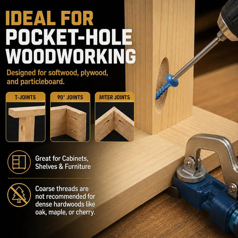 Pro Grade Pocket Hole Screws Kit With 720 Pieces in use for wood joinery with drill and clamp on softwood project