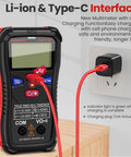 Rechargeable Digital Multimeter Tester With Type-C Interface, 4000 Counts, LCD Display connected to wall outlet charging