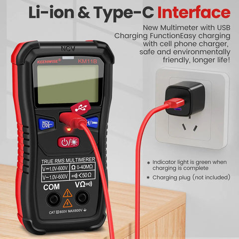 Rechargeable Digital Multimeter Tester With Type-C Interface, 4000 Counts, LCD Display connected to wall outlet charging