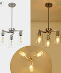 Three Light Brushed Nickel Pendant Chandelier For Kitchen Island, Modern Industrial Hanging Lamp With Clear Glass Shade, Adjustable Ceiling Fixture For Dining Room in off and on states.
