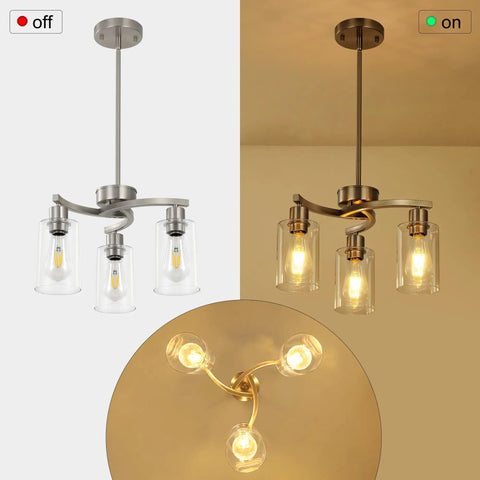 Three Light Brushed Nickel Pendant Chandelier For Kitchen Island, Modern Industrial Hanging Lamp With Clear Glass Shade, Adjustable Ceiling Fixture For Dining Room in off and on states.