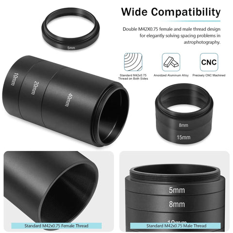 Astronomy T2 Extension Tube Kit For Cameras And Eyepieces With 5mm 8mm 10mm 15mm 20mm 40mm Spacers M42x0.75 Male And Female Threads All Metal Anodized Aluminum