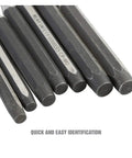 Close-up of 11 Piece Punch And Chisel Set For Metalworking Pro Grade Tools made from heat-treated alloy steel, end view.