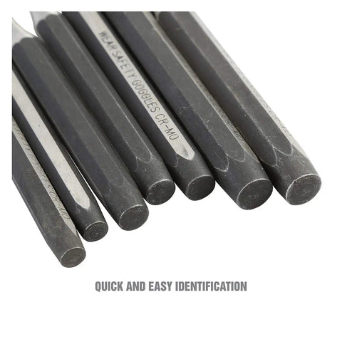 Close-up of 11 Piece Punch And Chisel Set For Metalworking Pro Grade Tools made from heat-treated alloy steel, end view.