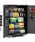 72 Inch Wide And Deep Metal Garage Storage Cabinet With Doors, Rolling Tool Cabinet, Pegboard On Doors, Shelves Filled