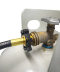 Five Foot Propane Hose Assembly for Disposable Cylinders to 20 Pound Tank attached to a brass fitting on a propane cylinder