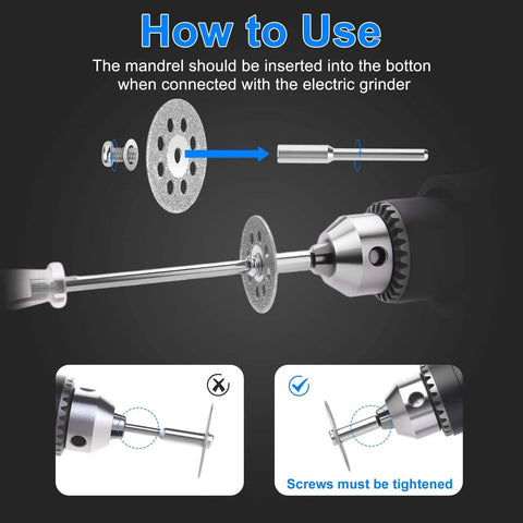 20-pack diamond cutting discs kit for Dremel rotary tools, 22mm blades with 4 mandrels and screwdriver (exploded view).