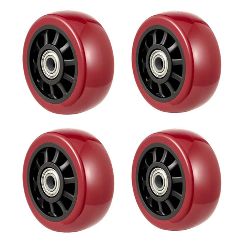 5 Inch Caster Wheels 4 Pack Double Swivel Bearings With Non Marking Poly Tread Tough As Nails Build close-up of red poly casters.