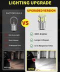 Comparison of factory bulb vs upgraded 1156 1141 7506 BA15S LED Bulbs White, 10 Pack, 54 SMD 3014, illustrating brightness and lifespan.
