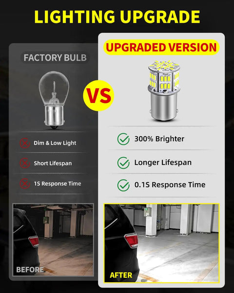 Comparison of factory bulb vs upgraded 1156 1141 7506 BA15S LED Bulbs White, 10 Pack, 54 SMD 3014, illustrating brightness and lifespan.