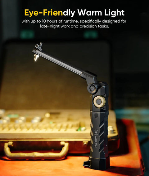 Magnetic 1500 Lumen Rechargeable Work Light With 5000mAh Battery, 4 Modes And UV 395nm, shown in warm light mode.