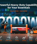 Workhorse 2000W Pure Sine Wave Inverter with dual AC outlets displayed in a workshop with power tools, showing its power capability