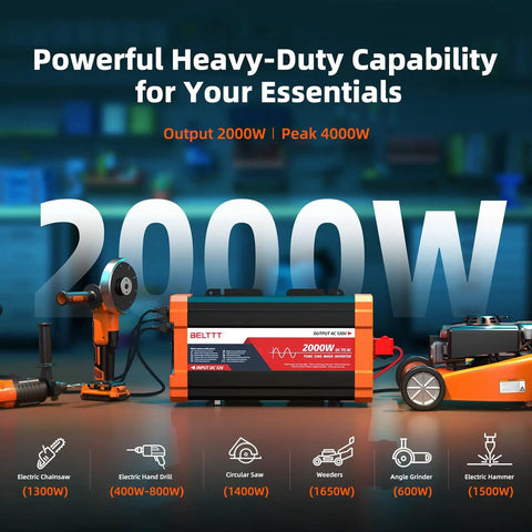 Workhorse 2000W Pure Sine Wave Inverter with dual AC outlets displayed in a workshop with power tools, showing its power capability