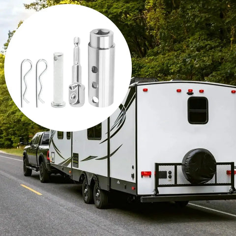 Sweat Free Trailer Jack Drill Adapter With Half Inch Socket Bit For One Inch Drive Shafts displayed with RV on road.