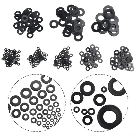Nylon Flat Washer Set 500-Piece Assortment M2 To M10 Black Durable Nylon Washers For Auto, Home And Workshop DIY Projects With An Organized Storage Box For Easy Sorting And Quick Access, assorted black nylon flat washers in multiple sizes