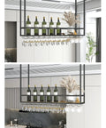 Ceiling Mounted Wine Rack With Glass And Bottle Holder Space Saving Dope Vintage Metal Suspension Shelf For Kitchen Bar And Garage 3 In 1 Overhead Organizer For Glassware Bottles And Plants installed in modern kitchen
