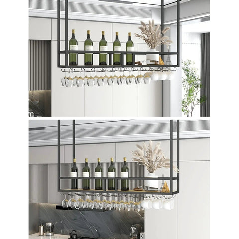Ceiling Mounted Wine Rack With Glass And Bottle Holder Space Saving Dope Vintage Metal Suspension Shelf For Kitchen Bar And Garage 3 In 1 Overhead Organizer For Glassware Bottles And Plants installed in modern kitchen