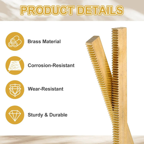 Beefy Brass Spur Gear And Gear Rack Set with product details highlighting brass material, corrosion resistance, and durability