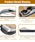 Automatic Shoe Cover Dispenser With Walk Through Overshoe Film Skip The Squat Hands Free Stainless Steel Blade Walk Thru Guard fits US Size 11, showcasing silver baked paint shell and soft sponge.