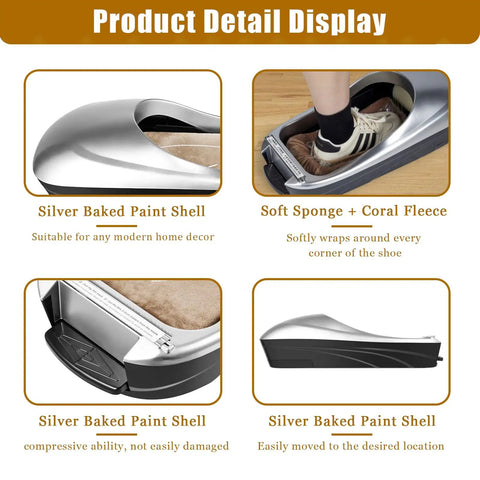Automatic Shoe Cover Dispenser With Walk Through Overshoe Film Skip The Squat Hands Free Stainless Steel Blade Walk Thru Guard fits US Size 11, showcasing silver baked paint shell and soft sponge.