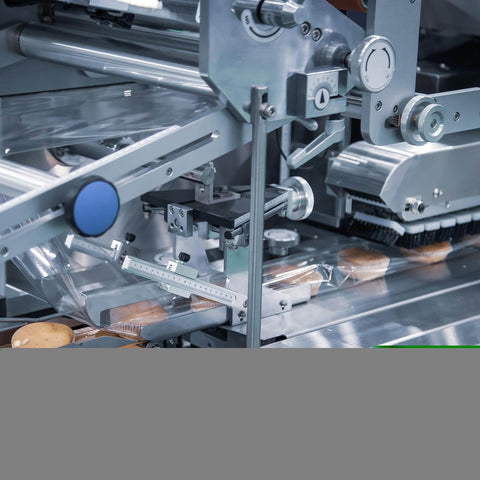 Industrial packaging machine wrapping products with plastic and sealing, showcasing automation and precision engineering equipment.