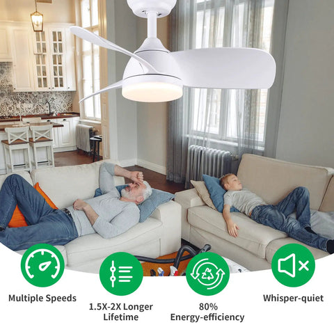 Dope 28 Inch Ceiling Fan With Lights And Remote Energy Efficient DC Silent Motor in modern living room, matte white finish