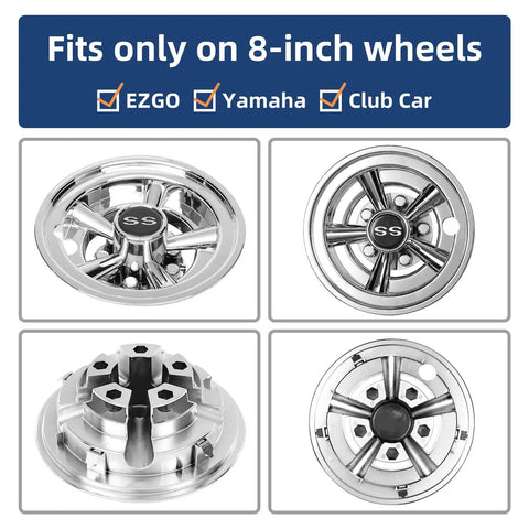 Chrome 8 Inch Golf Cart Hubcaps Set Of 4 For EZGO Club Car And Yamaha Golf Carts Wheel Covers With Classic 5 Spoke Design And Tight Fit