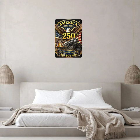 4014 Steam Locomotive 250th Anniversary Two Pack Tin Signs For Union Pacific Railfans on bedroom wall above bed