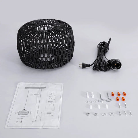 Black Woven Plug In Pendant Light With On Off Switch Rustic Round Ceiling Fixture assembly components and instructions.