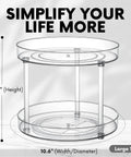 Two Tier Lazy Susan Turntable Organizer for Cabinets and Pantry with transparent design showing dimensions of 10.6" by 9.25"