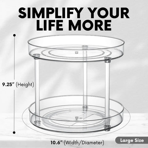 Two Tier Lazy Susan Turntable Organizer for Cabinets and Pantry with transparent design showing dimensions of 10.6" by 9.25"