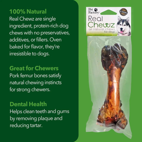 Real Chewz Pork Femur Bone Dog Chew 6 To 8 Inches Oven Baked Single Ingredient in packaging