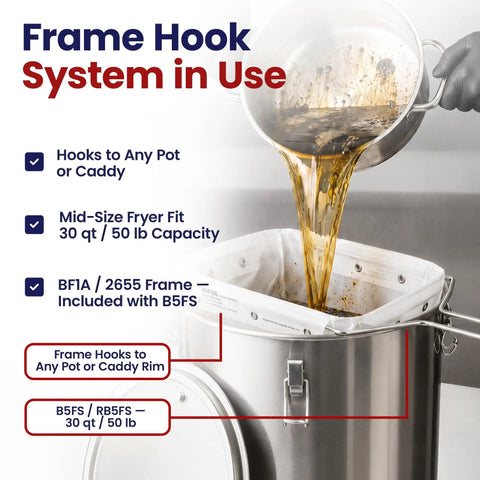 Keep Your Deep Fryer Oil Crisp And Clean With This Reusable Micron Filter Bag made to fit 30 qt fryers, draining hot oil efficiently.
