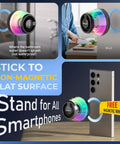 Magnetic Bluetooth Mini Speaker with Bass Diaphragm, TWS Stereo, RGB Light on kitchen counter with smartphone stand