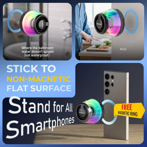 Magnetic Bluetooth Mini Speaker with Bass Diaphragm, TWS Stereo, RGB Light on kitchen counter with smartphone stand