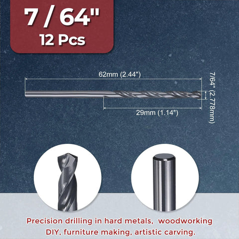 Side view of Kozelo 12‑pc drill bit set, 7/64 in diameter, M2 high-speed steel twist drill