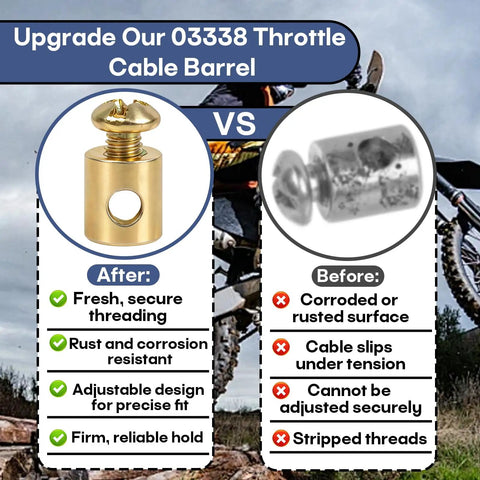 No Sweat Adjustable Cable Stop Barrel Kit With Heavy Duty Threaded Cable Adjusters For Motorcycles Go Karts And Brake Systems - image comparing new and old throttle cable barrel designs.