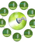 Diagram showing 9 spray patterns of 16-Inch Aluminum Watering Wand With 180-Degree Rotating Head, including jet and mist modes.