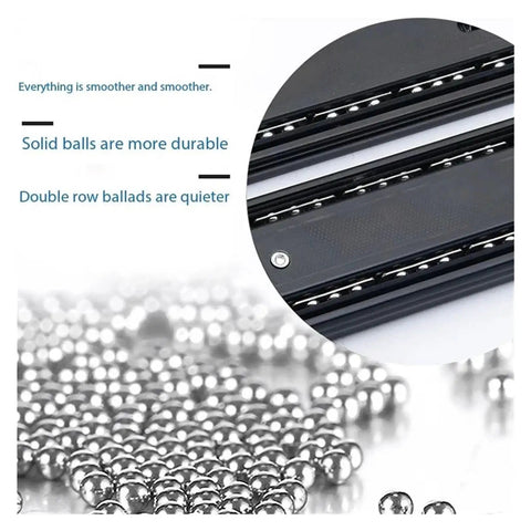 Side Mount Ball Bearing Drawer Slides 12 Inch Black 2 Pack, Smooth Silent Opening with close-up of ball bearings.