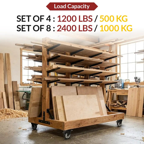 Beefy 4 Inch Heavy Duty Caster Wheels Set Of Eight With Rock Solid Swivel Locking Foot Pedals And Smooth Gliding Rolling Load Casters in use on a mobile shelving unit.