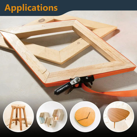 Heavy Duty Adjustable Band Clamp For Woodworking With 15 Ft Strap securing wooden frame for various projects like furniture making.