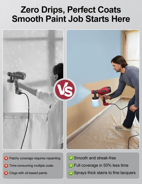 Comparison of patchy vs smooth paint job using Electric Paint Sprayer With 3 Spray Patterns And 4 Brass Nozzles, Variable Flow Control.