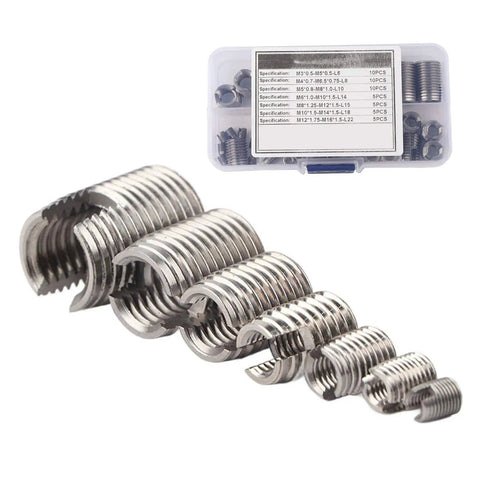 Inner Thread Self Tapping Thread Inserts Set In Stainless Steel M3 To M12 50 Pcs With Storage Case, shown in organized display