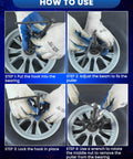 Four steps showing how to use a Three Jaw Inner Bearing Puller For Cars, Motorcycles, And SUVs on a wheel hub.