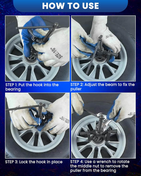 Four steps showing how to use a Three Jaw Inner Bearing Puller For Cars, Motorcycles, And SUVs on a wheel hub.